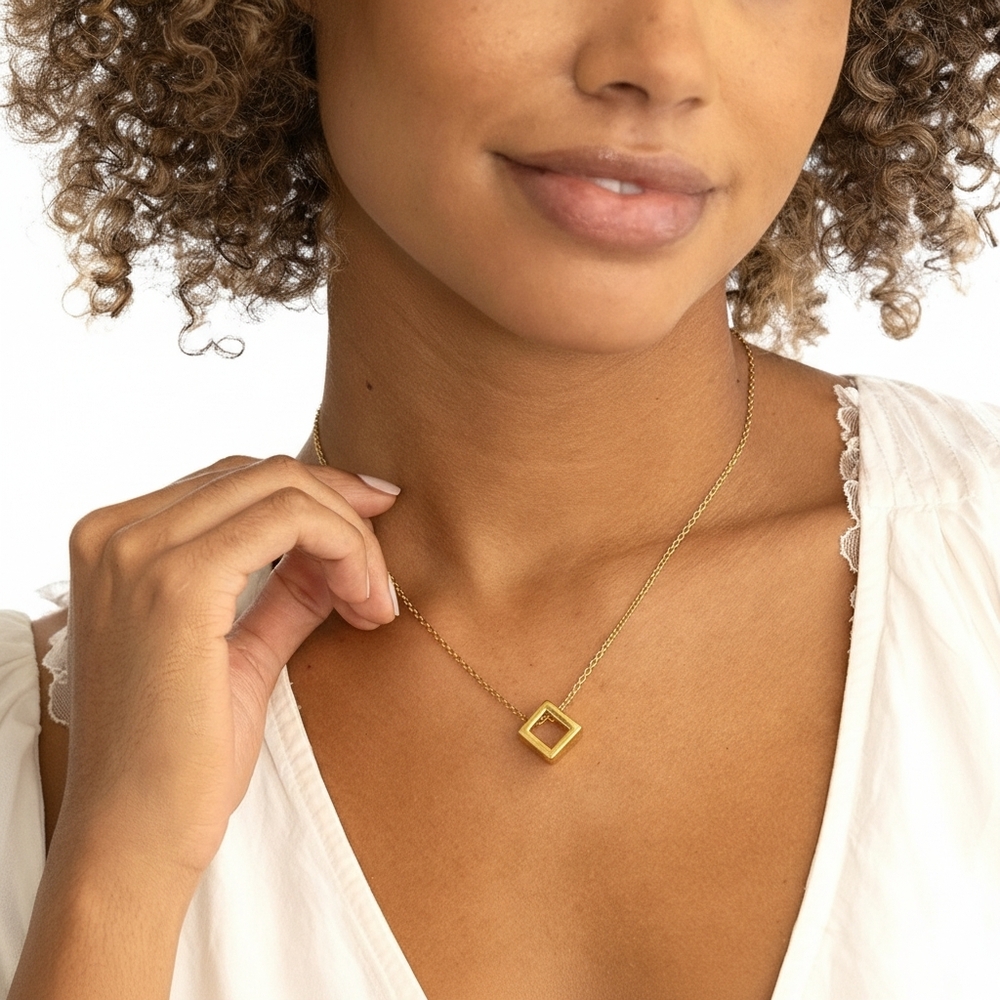 Gold Tone Geometric Square Pendant Necklace Minimalist Modern